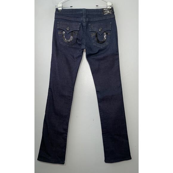 True Religion Size 29 Dark Denim Low Rise Jeans Slim Straight Y2K Sequin Pockets - Picture 2 of 13
